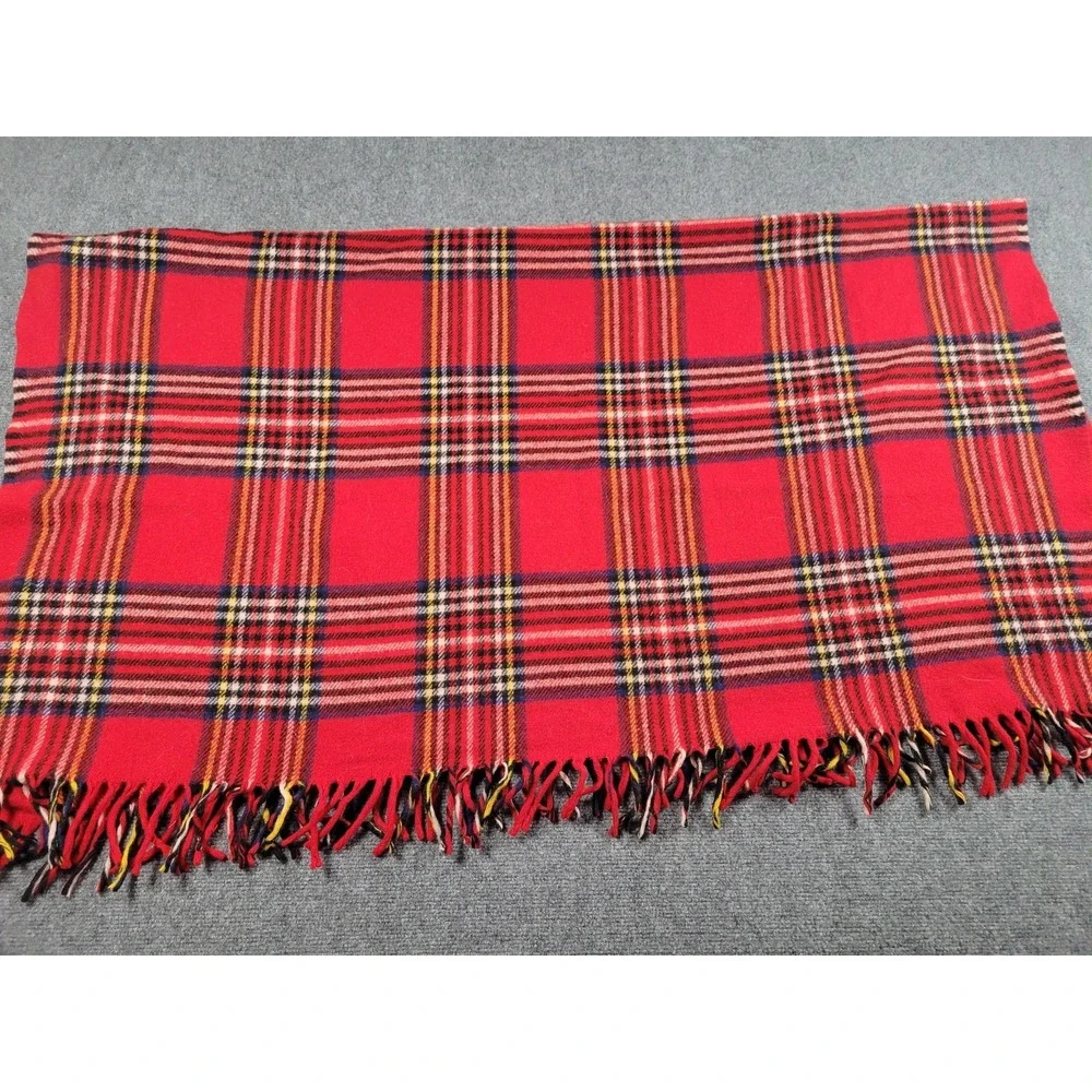 Faribo Wool Throw Blanket 52x48 Red Tartan Plaid Fringe Pure‎ Wool Made USA